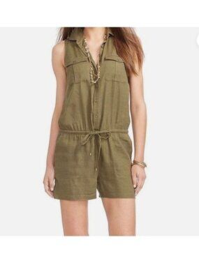 LAUREN RALPH LAUREN Olive Green Linen Utility Romper Sleeveless  Size 8